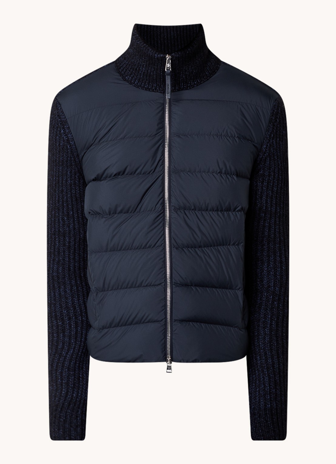 Moncler M3543 grofgebreid vest in wolblend met gewatteerd voorpand met donsvulling - voorkant blauw