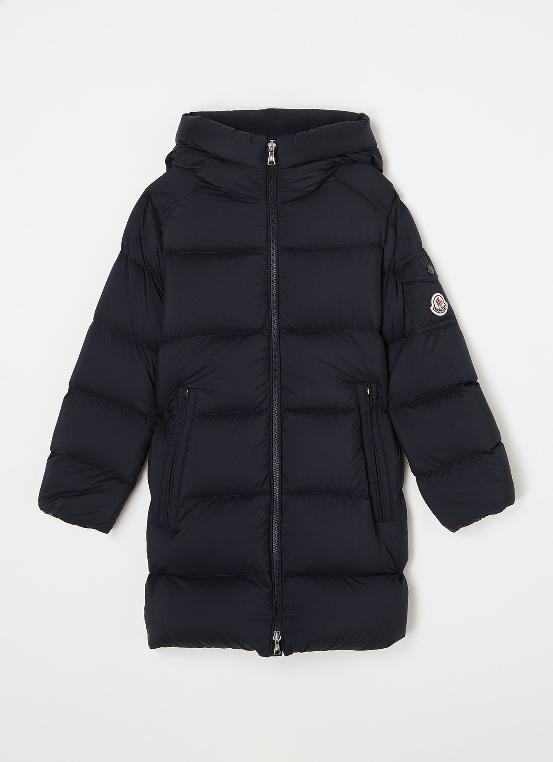 Moncler Marat longline puffer jas met donsvulling en capuchon - voorkant blauw