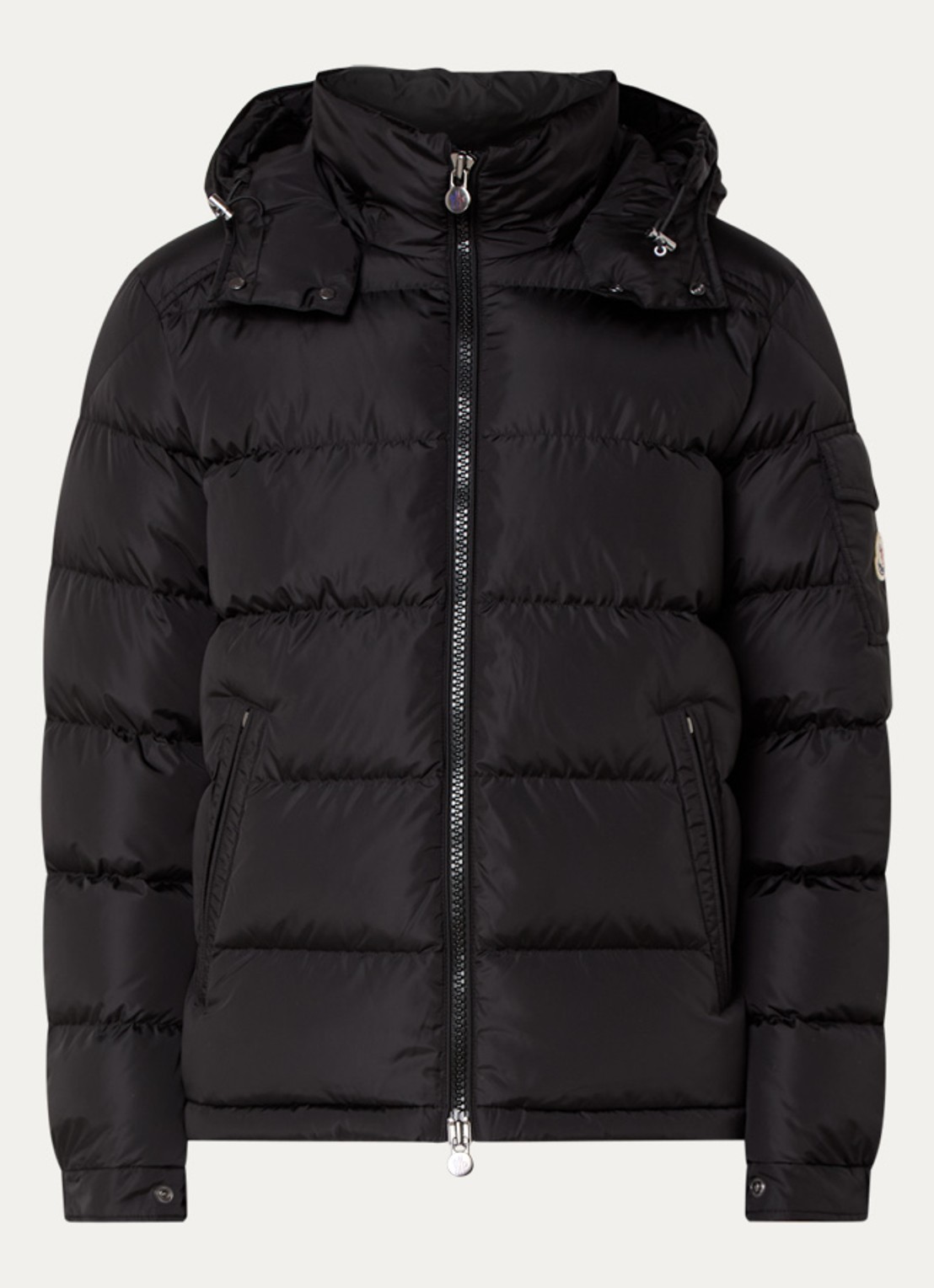 Moncler Maya puffer jack met donsvulling en afneembare capuchon - voorkant 2 zwart