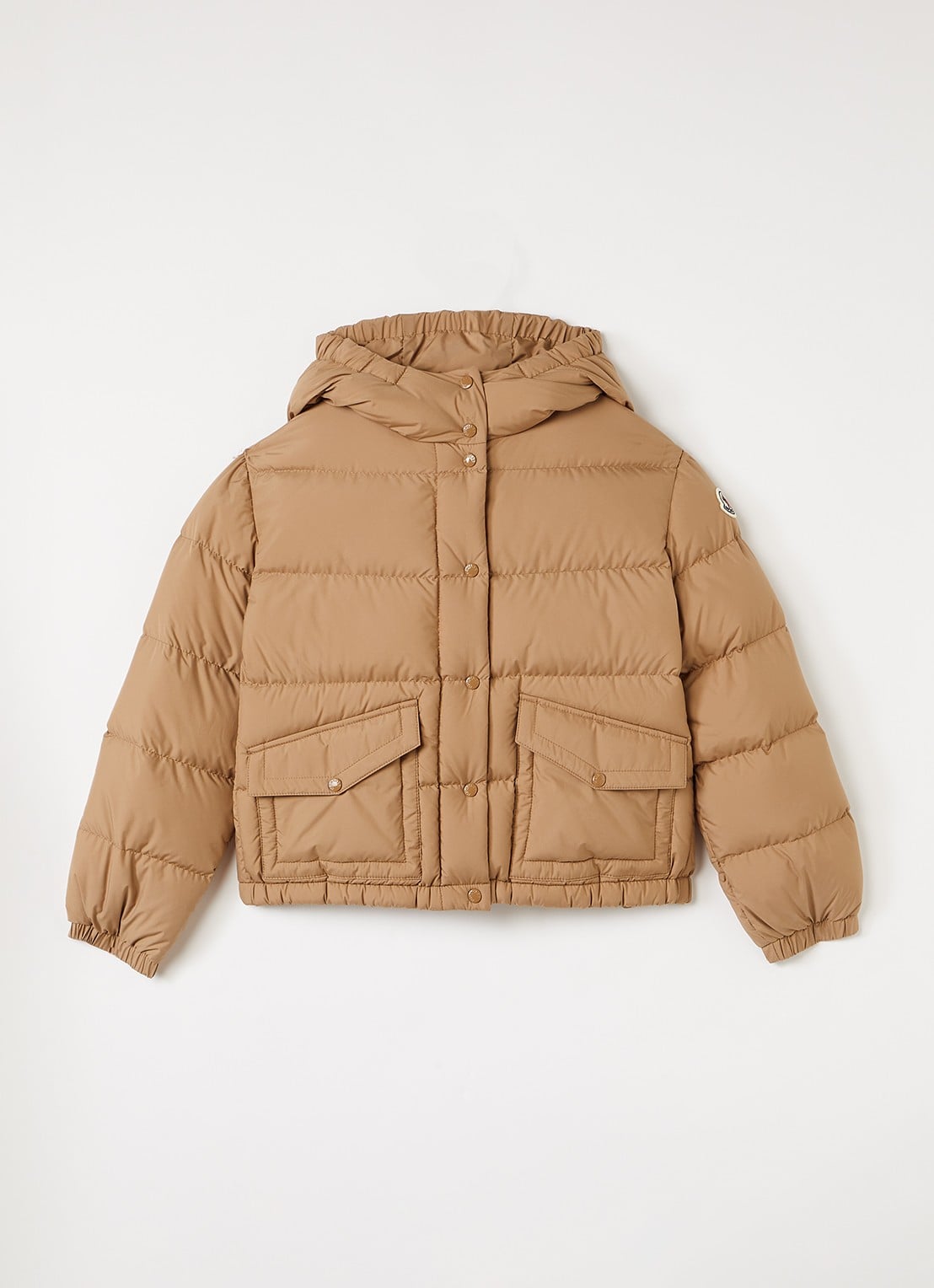 Moncler Phelanta pufferjack met donsvulling en klepzakken - voorkant 2 cognac