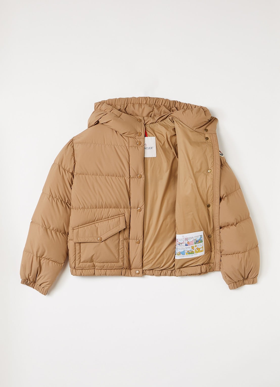 Moncler Phelanta pufferjack met donsvulling en klepzakken - voorkant 3 cognac