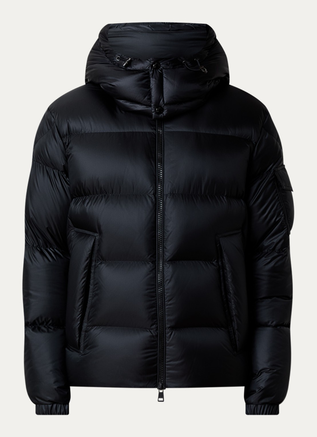 Moncler Puffer jack met donsvulling en ritszakken - voorkant zwart