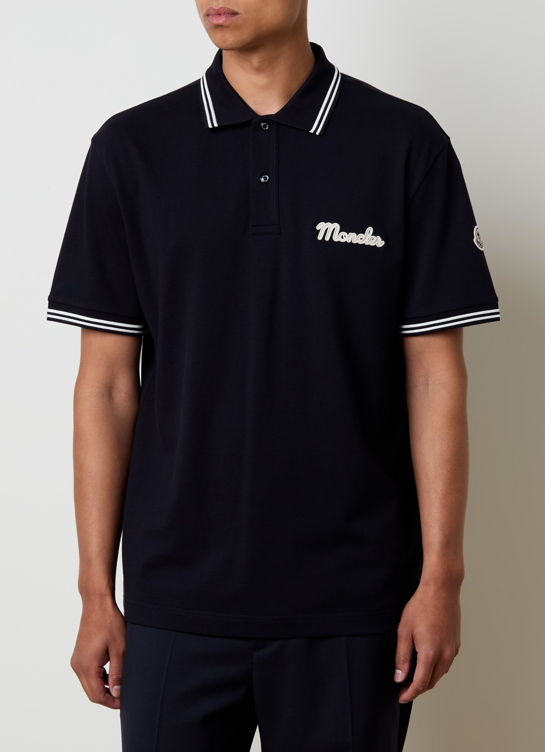 Moncler Regular fit polo van piqué katoen met logoborduring - detail 4 donkerblauw