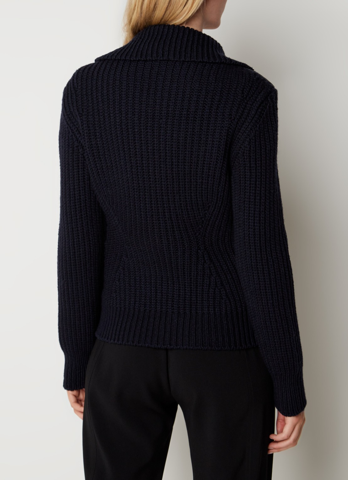Moncler Ribgebreid vest in wolblend met gewatteerd voorpand - achterkant blauw