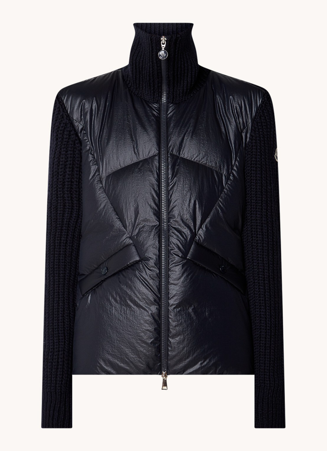 Moncler Ribgebreid vest in wolblend met gewatteerd voorpand - voorkant 2 blauw