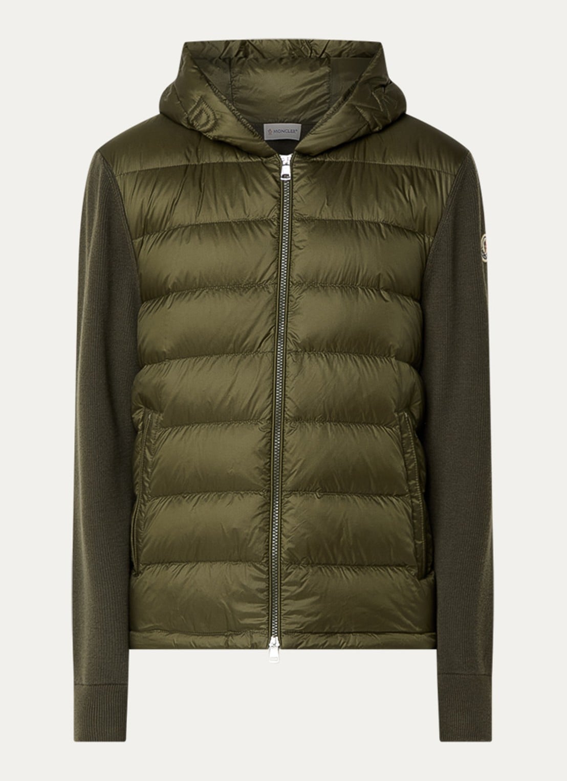 Moncler Ribgebreid vest van scheerwol met gewatteerd voorpand met donsvulling - voorkant 5 mosgroen