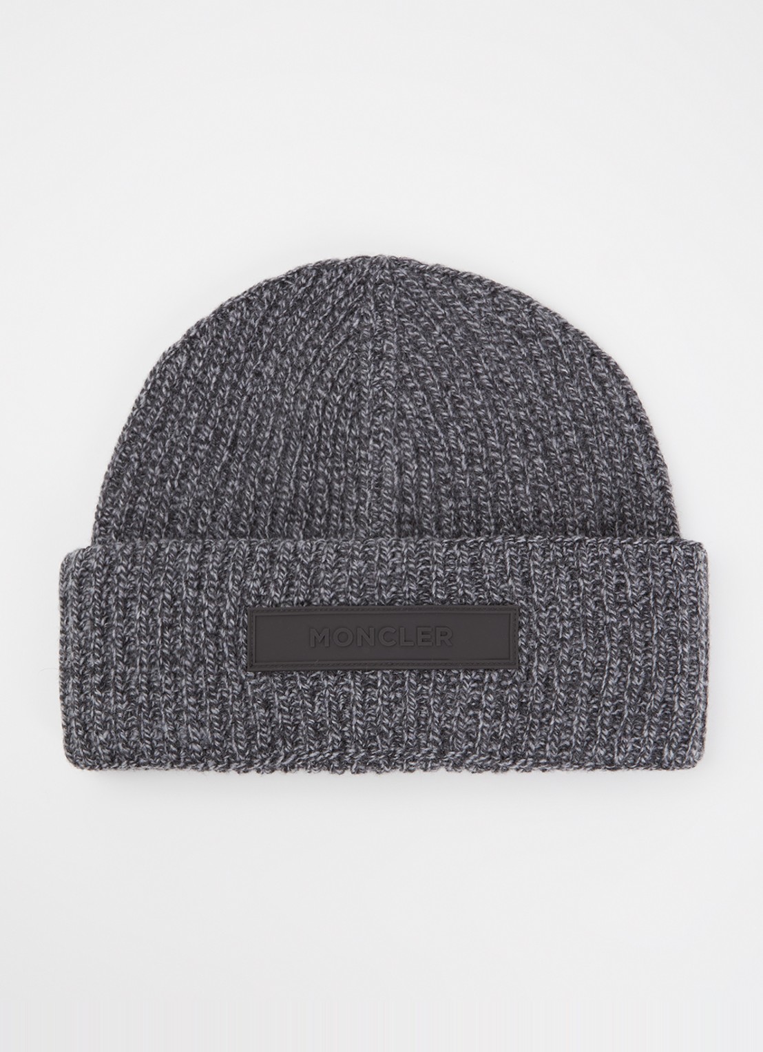Moncler Ribgebreide muts in kasjmierblend met logo - voorkant grijsmele