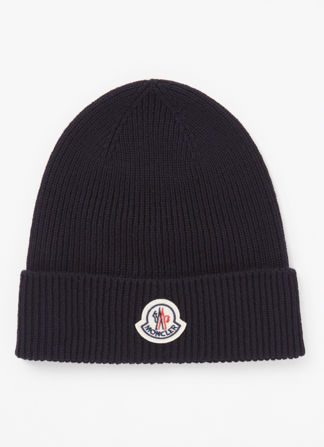 Moncler Ribgebreide muts van wol met logo - voorkant blauw