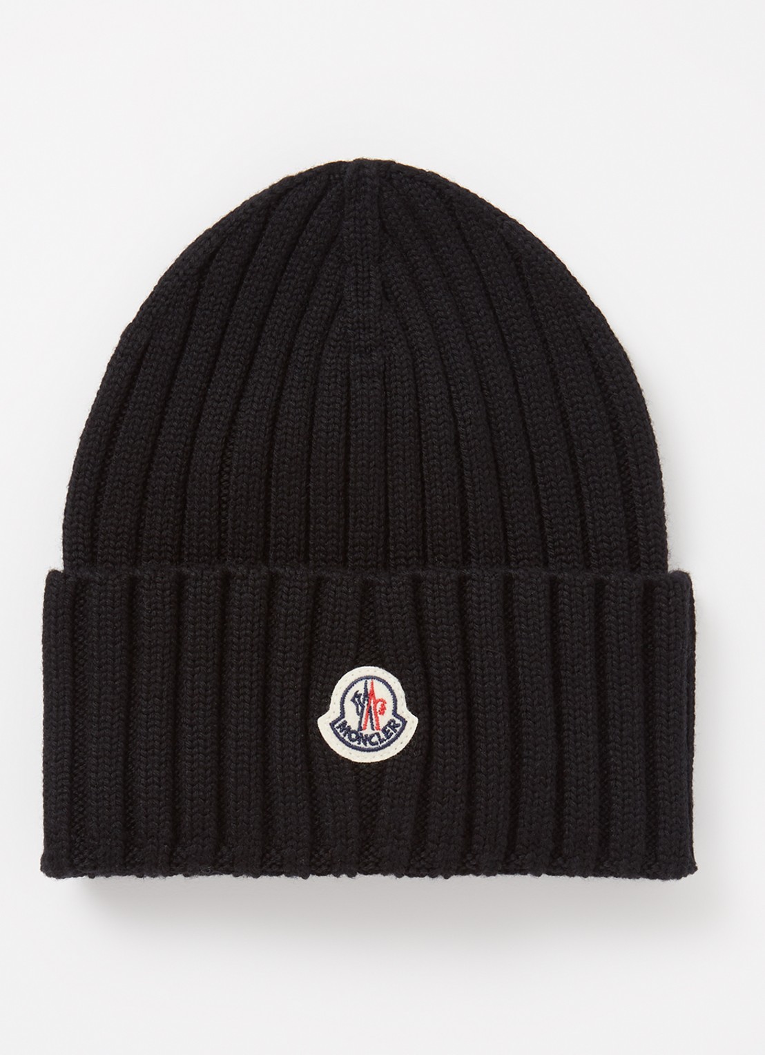 Moncler Ribgebreide muts van wol met logo  - voorkant zwart