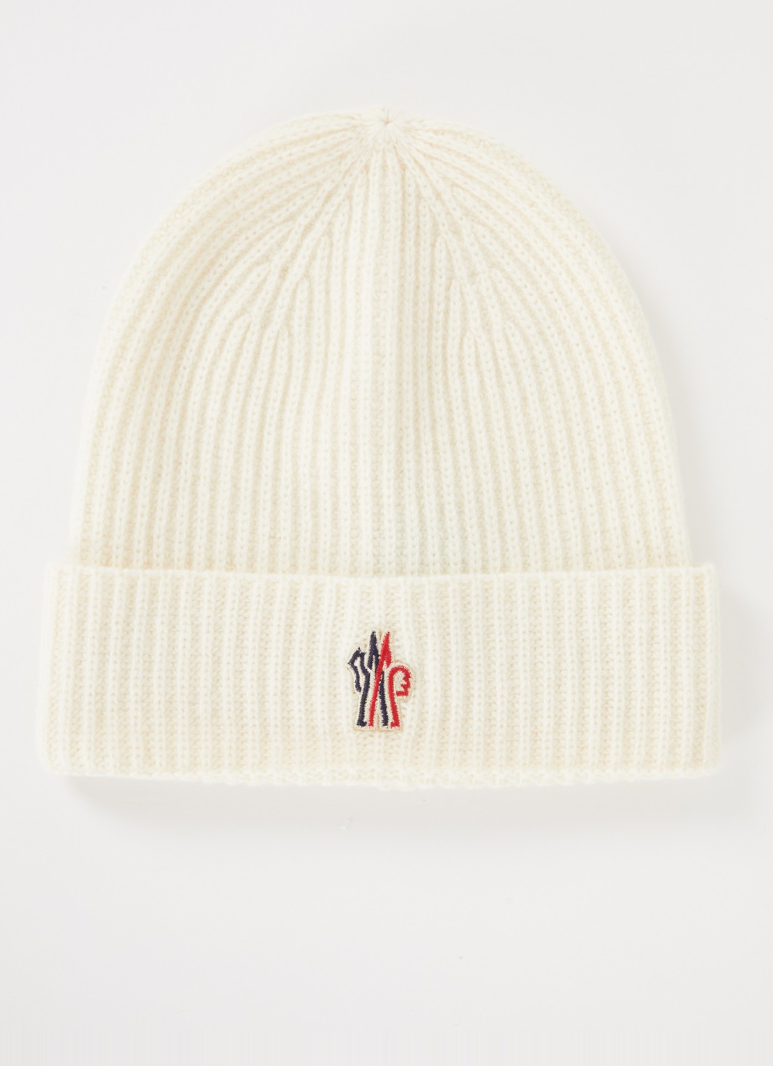 Moncler Ribgebreide muts van wol met logoborduring - voorkant gebroken wit