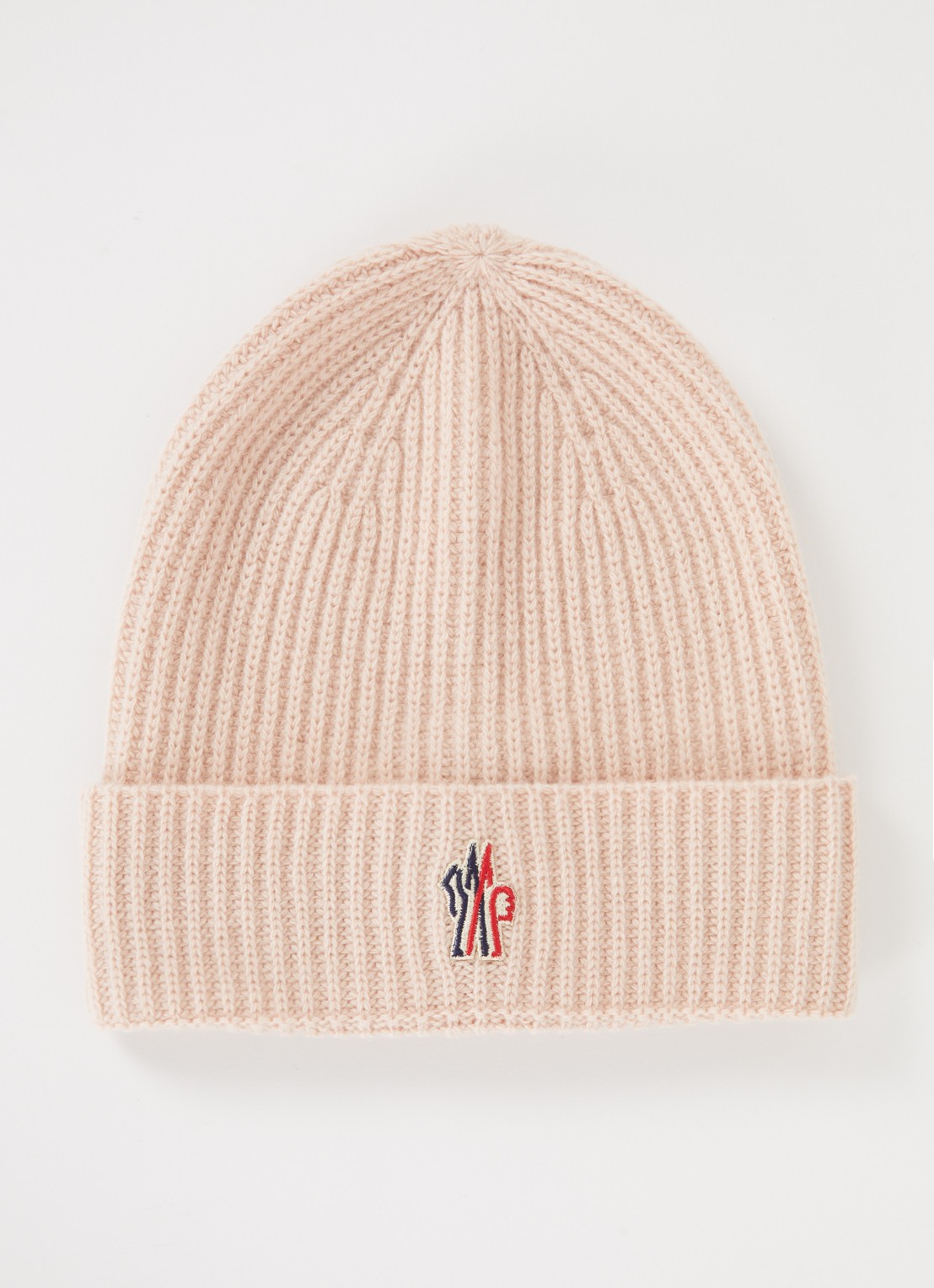 Moncler Ribgebreide muts van wol met logoborduring - voorkant lichtroze