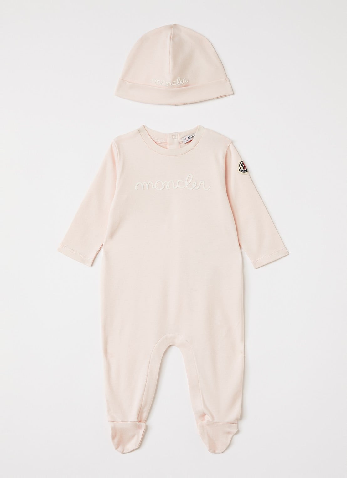 Moncler Set van babypak met muts in giftbox 2-delig - voorkant lichtroze