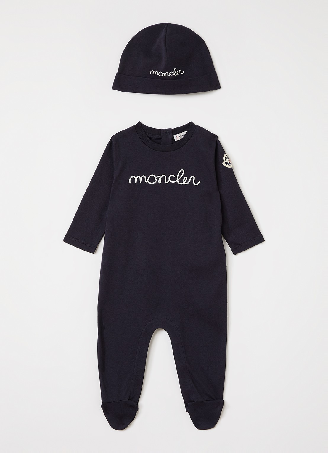 Moncler Set van babypak met muts in giftbox 2-delig - voorkant donkerblauw