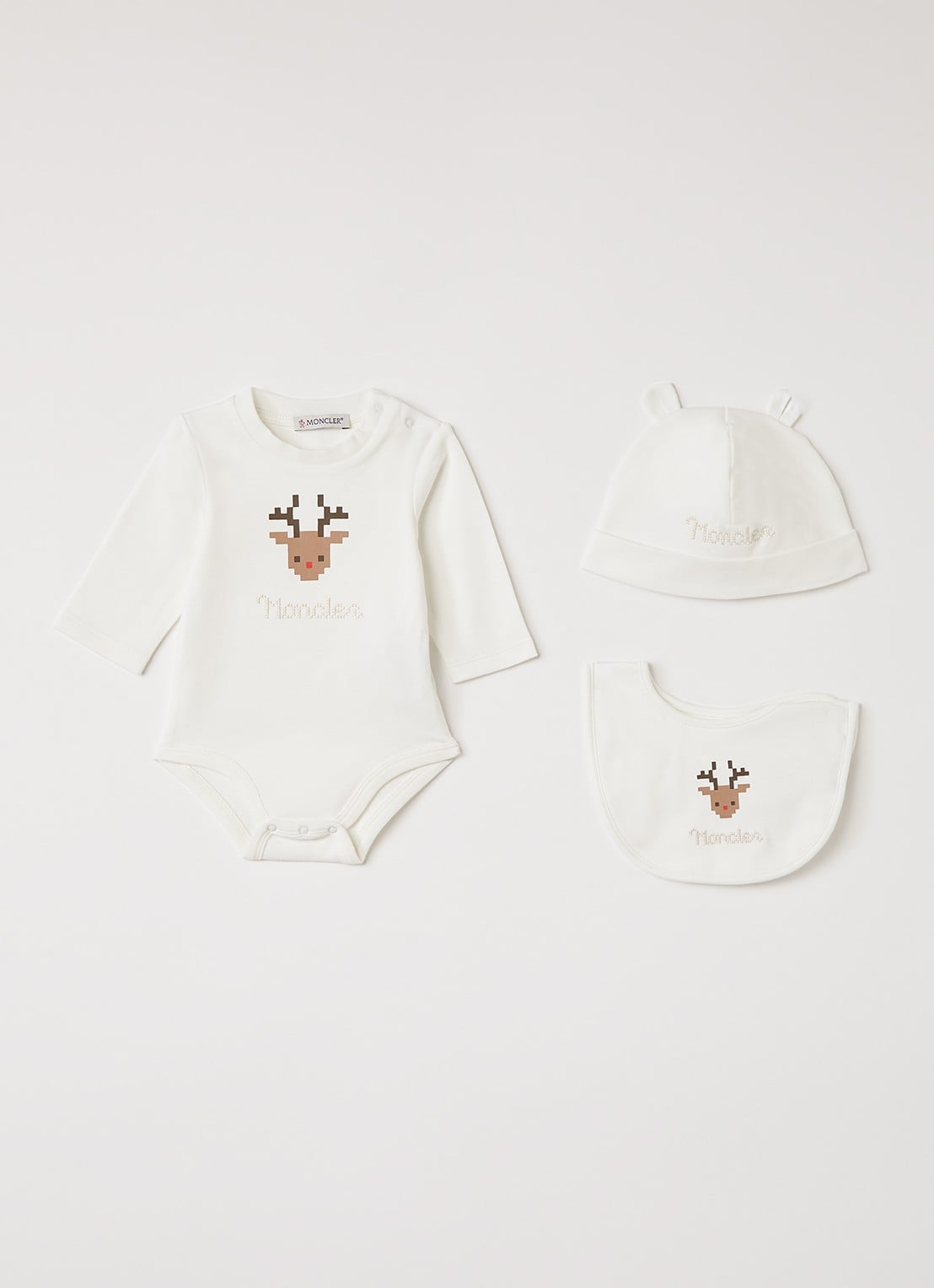 Moncler Set van romper met muts en slab in giftbox 3-delig - voorkant wit