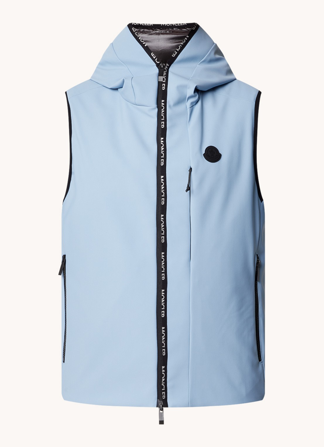 Moncler Softshell bodywarmer met donsvulling en capuchon - voorkant lichtblauw