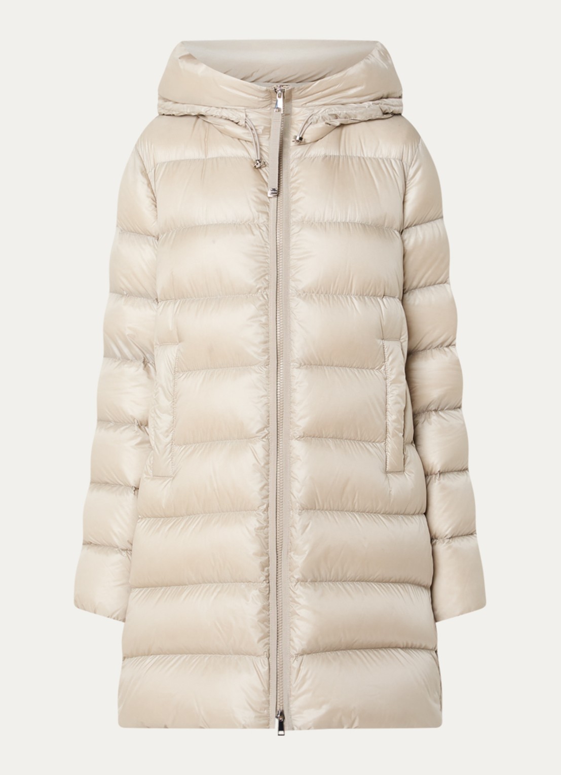 Moncler Suyenne longline pufferjas met donsvulling - voorkant beige