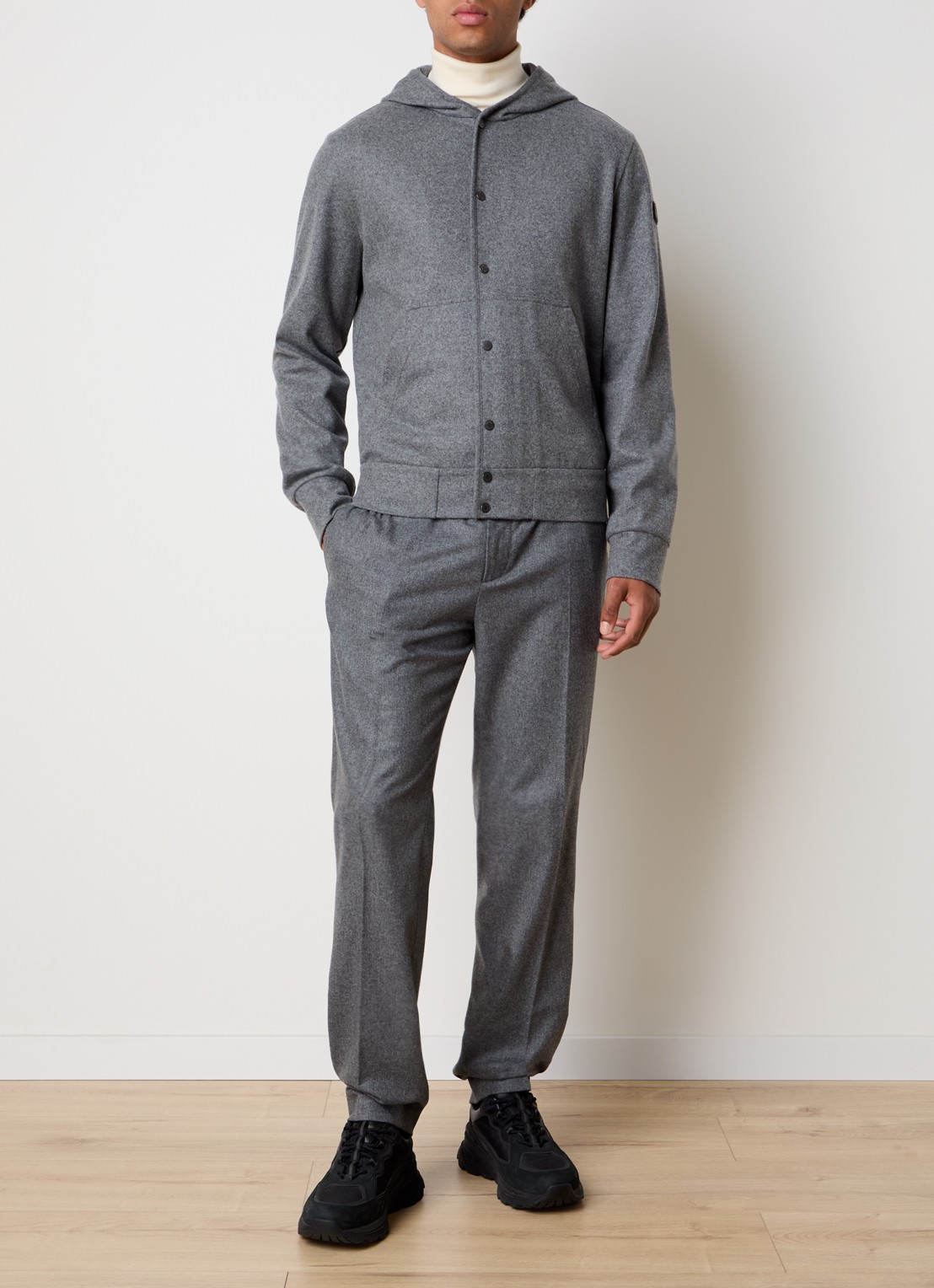 Moncler Sweatvest in scheerwolblend met capuchon - voorkant 2 grijsmele