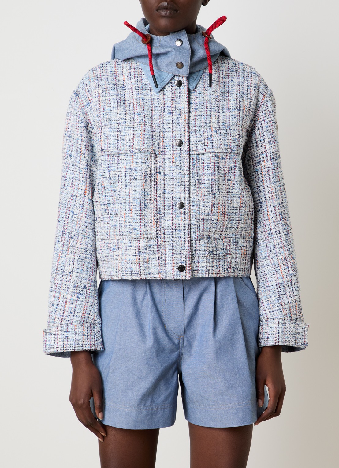 Moncler Termez jack met tweed-look en afneembare capuchon - detail 2 lichtblauw