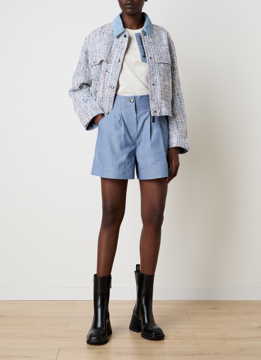 Moncler Termez jack met tweed-look en afneembare capuchon - voorkant 6 lichtblauw
