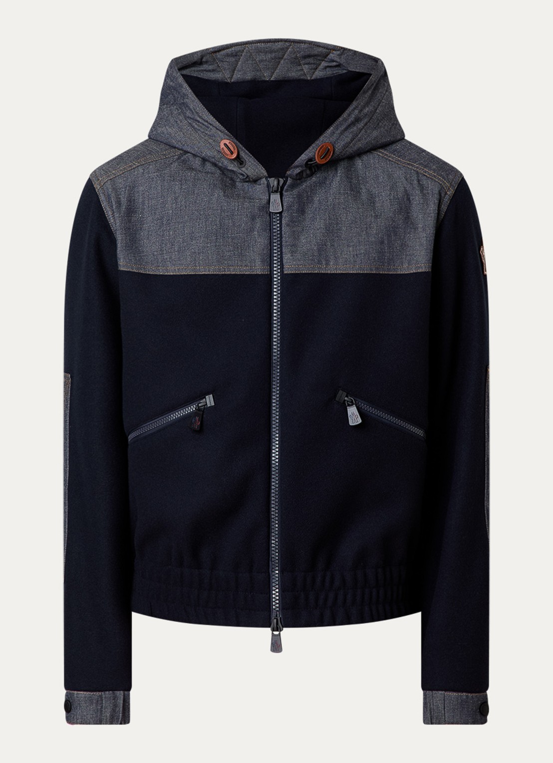 Moncler Vest van fleece met capuchon en details van denim - voorkant 5 donkerblauw