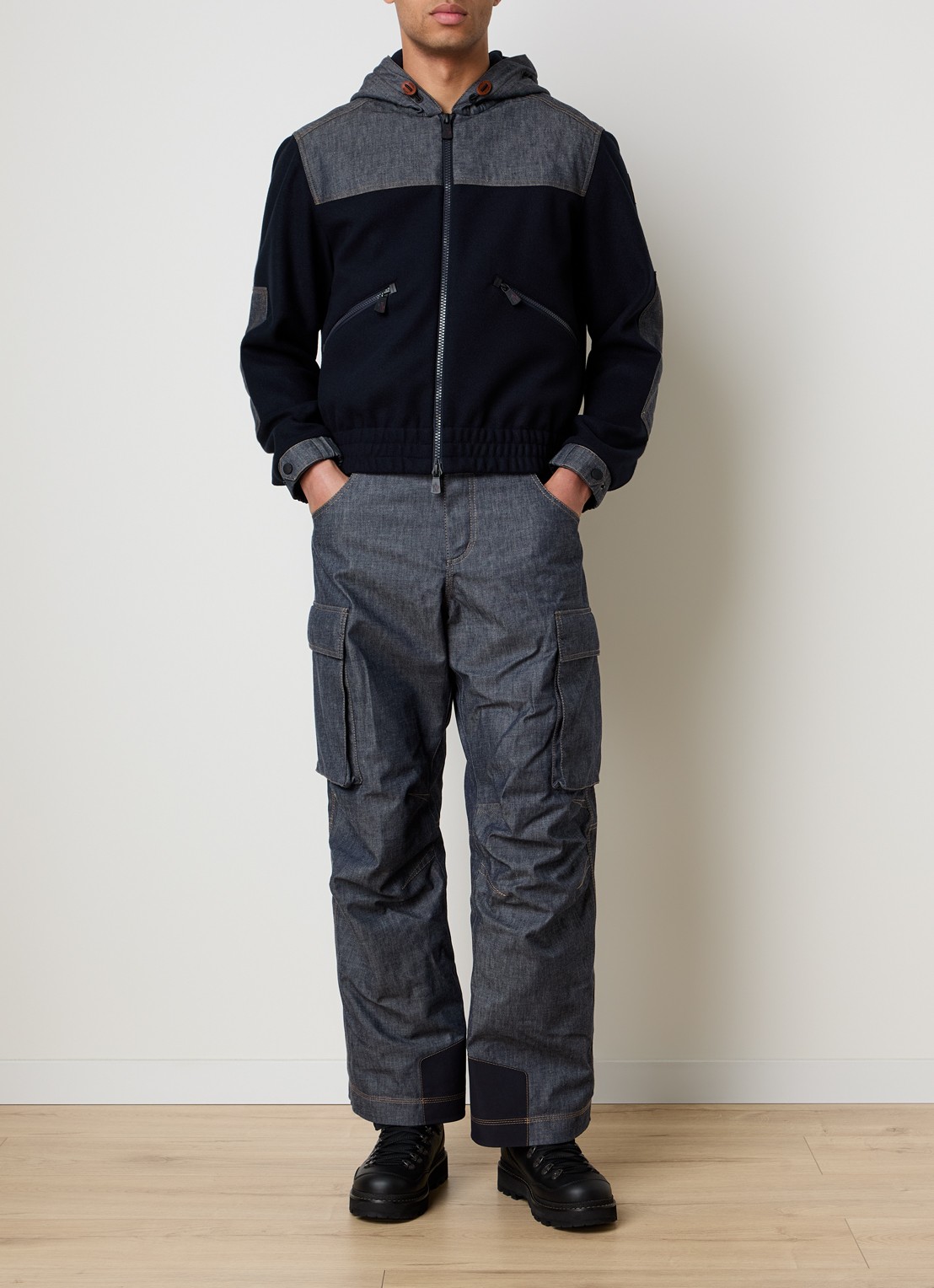 Moncler Vest van fleece met capuchon en details van denim - voorkant 6 donkerblauw