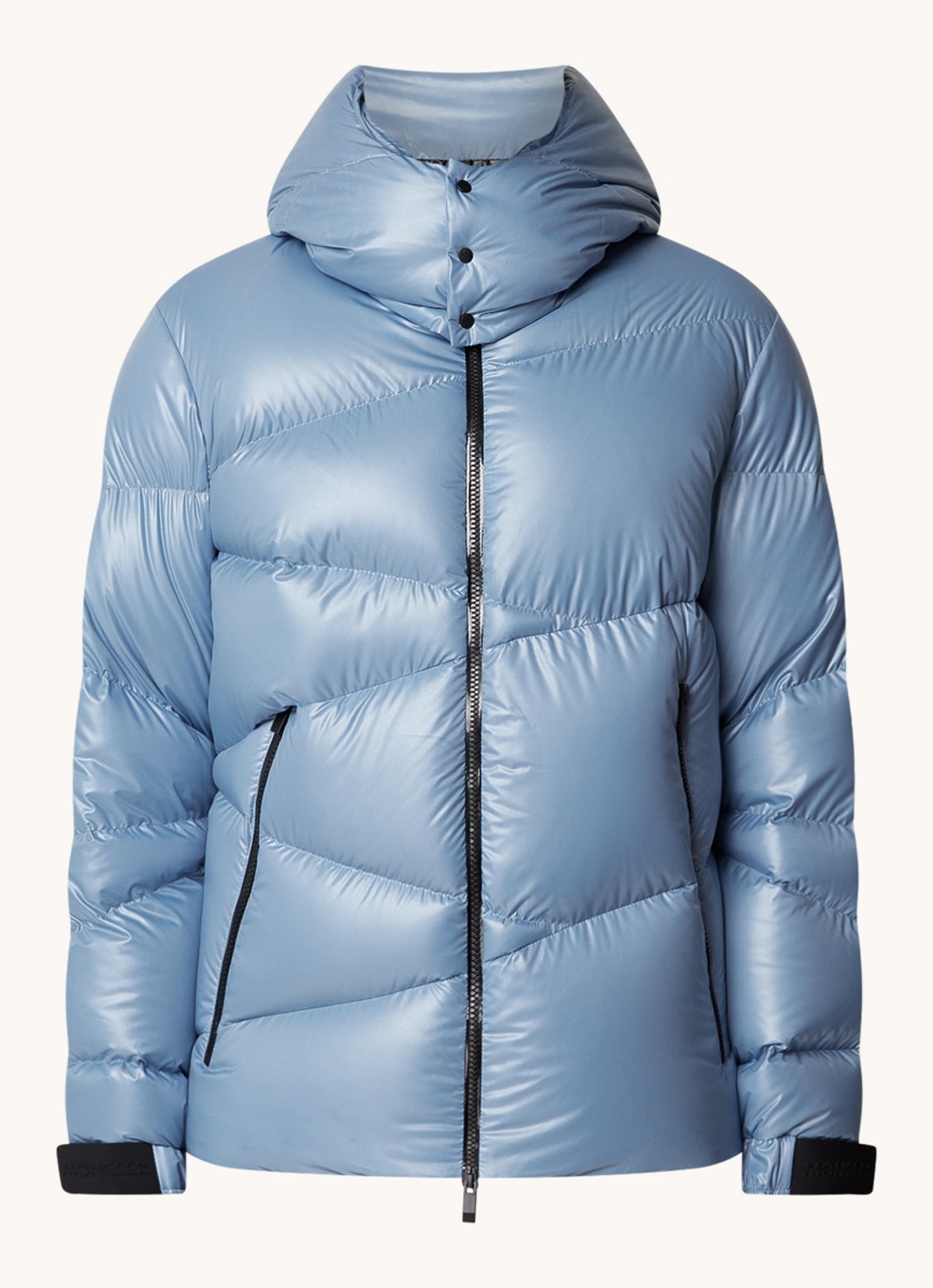 Moncler Yonne puffer jack met donsvulling en afneembare capuchon  - voorkant 5 lichtblauw