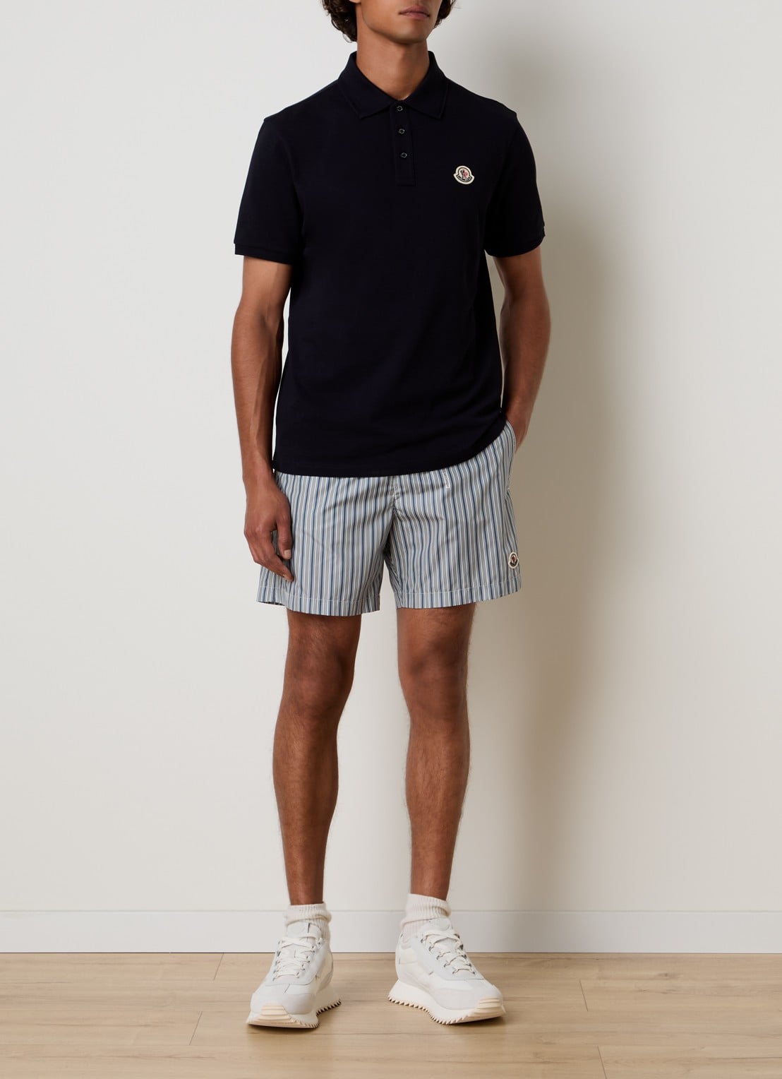 Moncler zwemshorts met streepprint en steekzakken - voorkant 2 staalblauw