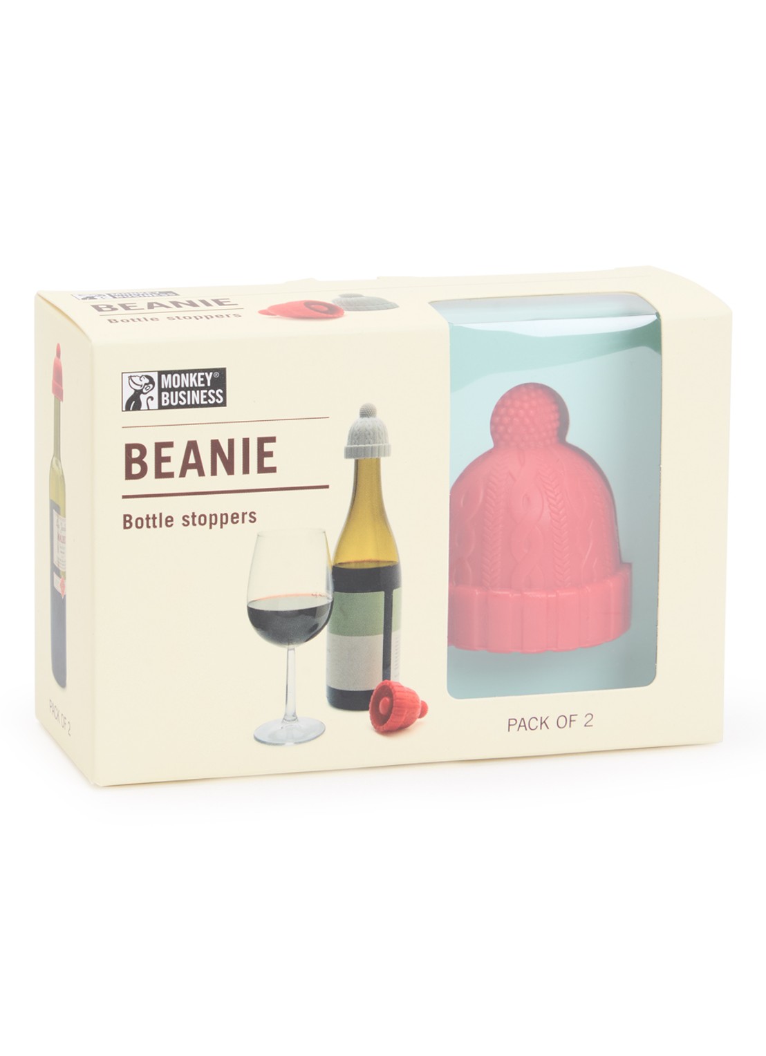 Monkey Business Beanie wijnstopper set van 2 - voorkant 4 rood