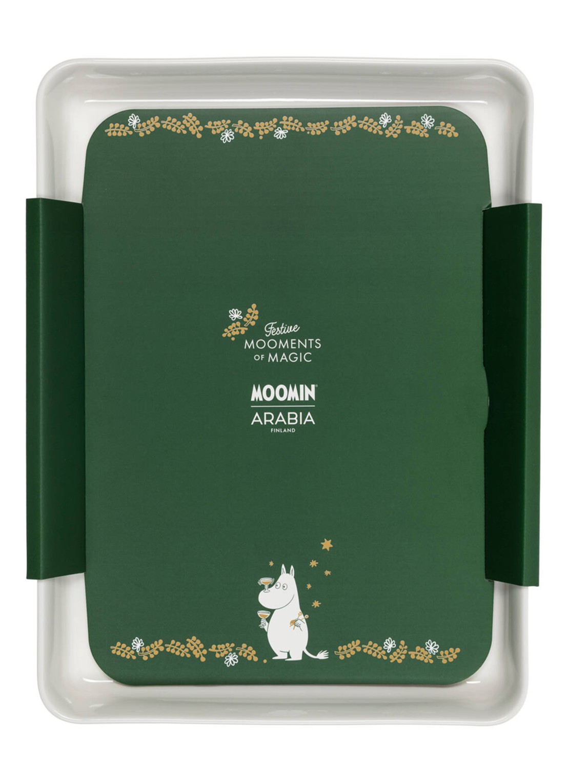 Moomin Arabia Moomin Gift of Love serveerschaal 24 x 32 cm - voorkant 2 donkergroen