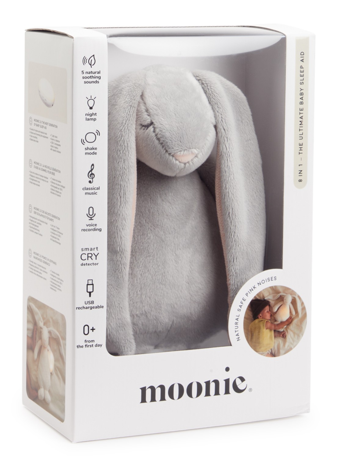 Moonie The Humming Friend Bunny 2.0 muziekknuffel 28 cm - voorkant lichtgrijs