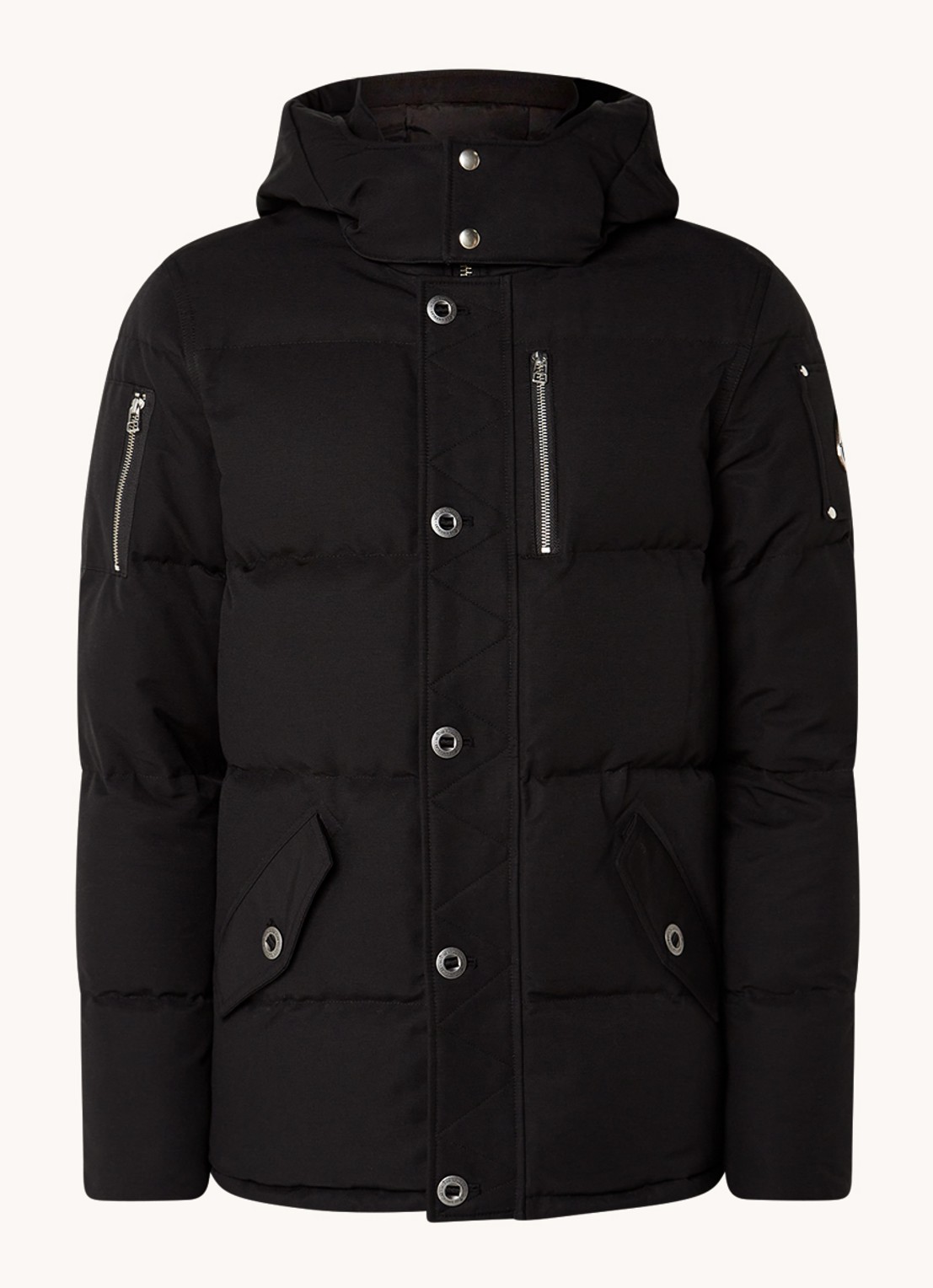 Moose Knuckles Forrestville puffer jack met donsvulling en afneembare capuchon - voorkant zwart