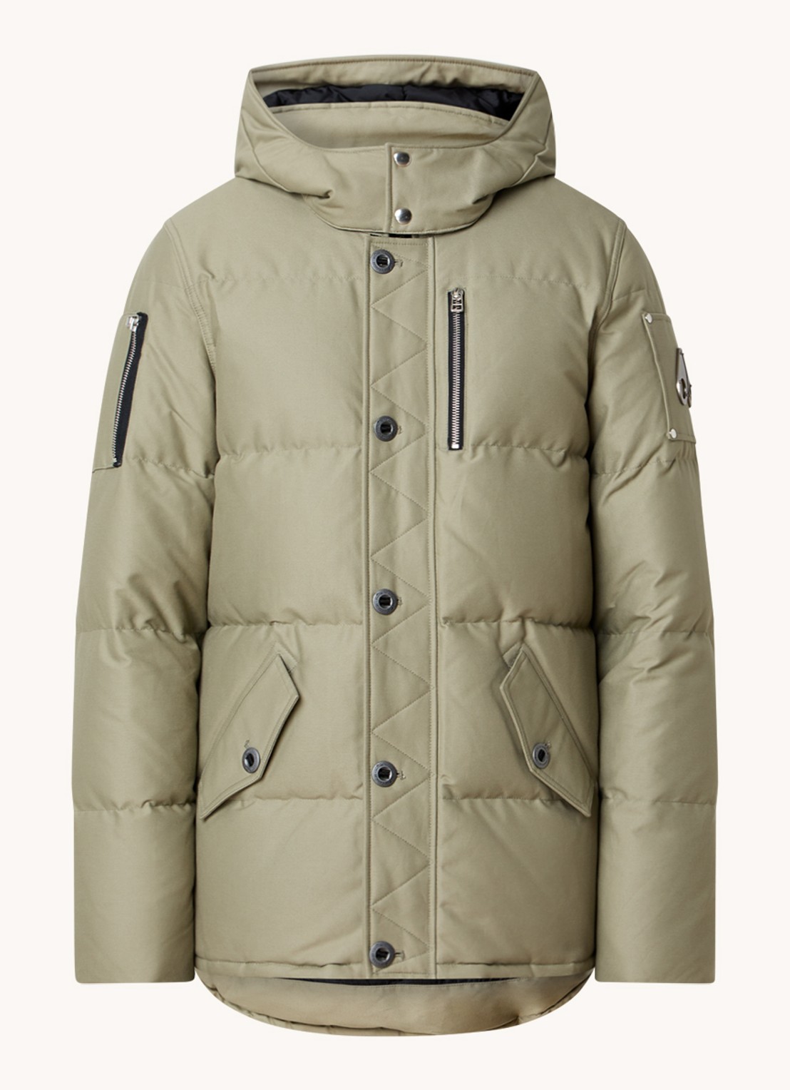 Moose Knuckles Forrestville puffer jack met donsvulling en afneembare capuchon - voorkant khaki