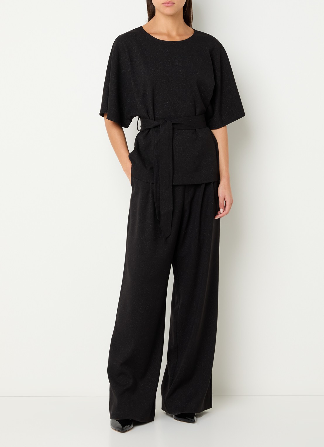 Mos Mosh Evie high waist wide fit pantalon met lurex - voorkant 3 zwart