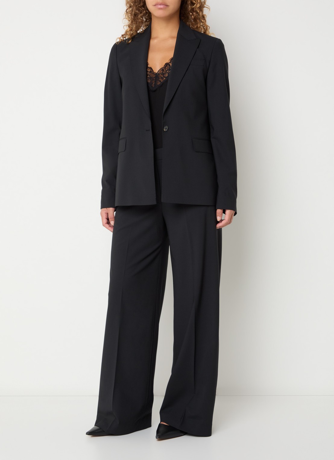 Mos Mosh Haley mid waist wide fit pantalon met steekzakken - voorkant 3 zwart