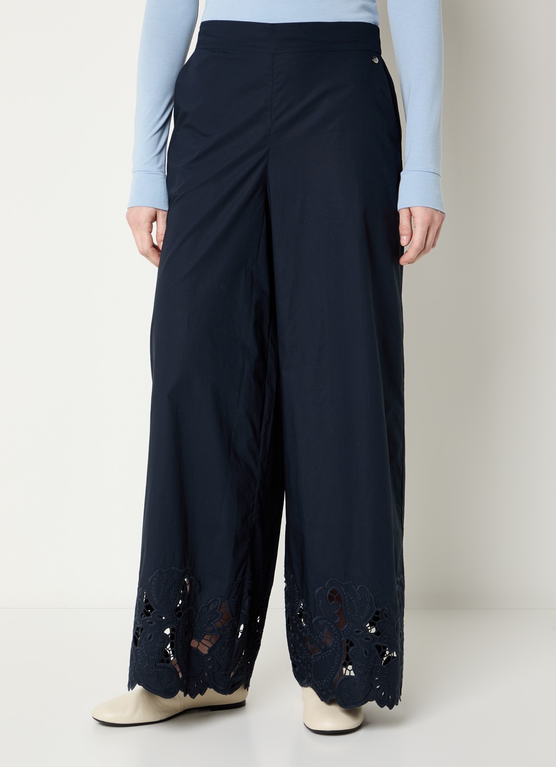 Mos Mosh Heime high waist wide fit broek met steekzakken - detail donkerblauw