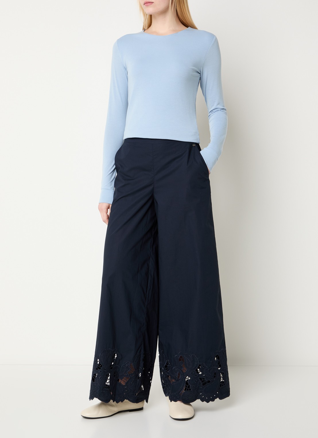 Mos Mosh Heime high waist wide fit broek met steekzakken - voorkant 4 donkerblauw