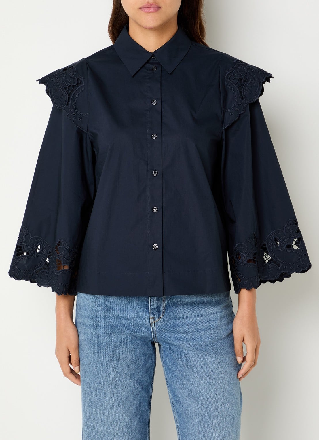 Mos Mosh Heliam A-lijn blouse met broderie en trompetmouw - detail 4 zwart