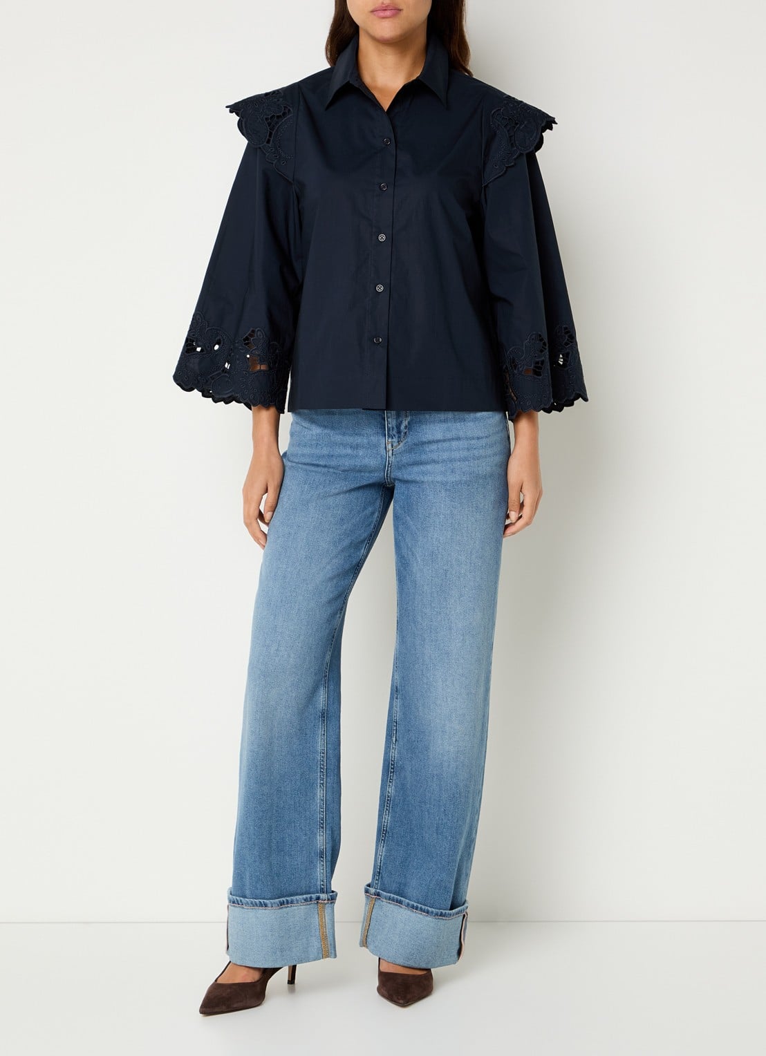 Mos Mosh Heliam A-lijn blouse met broderie en trompetmouw - voorkant 2 zwart