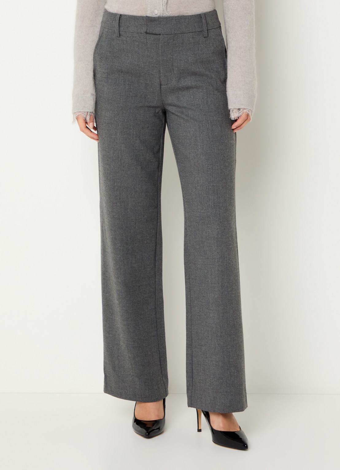 Mos Mosh Helvig mid waist straight fit broek met steekzakken - detail grijsmele