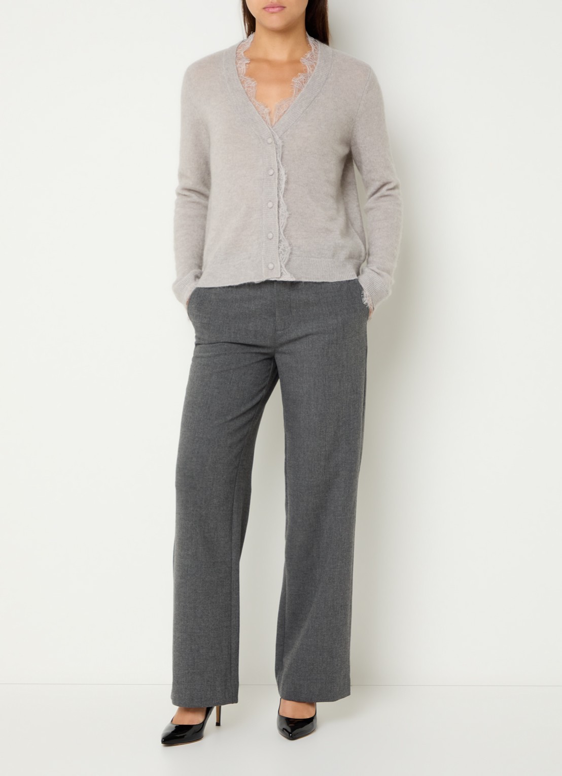 Mos Mosh Helvig mid waist straight fit broek met steekzakken - voorkant 3 grijsmele