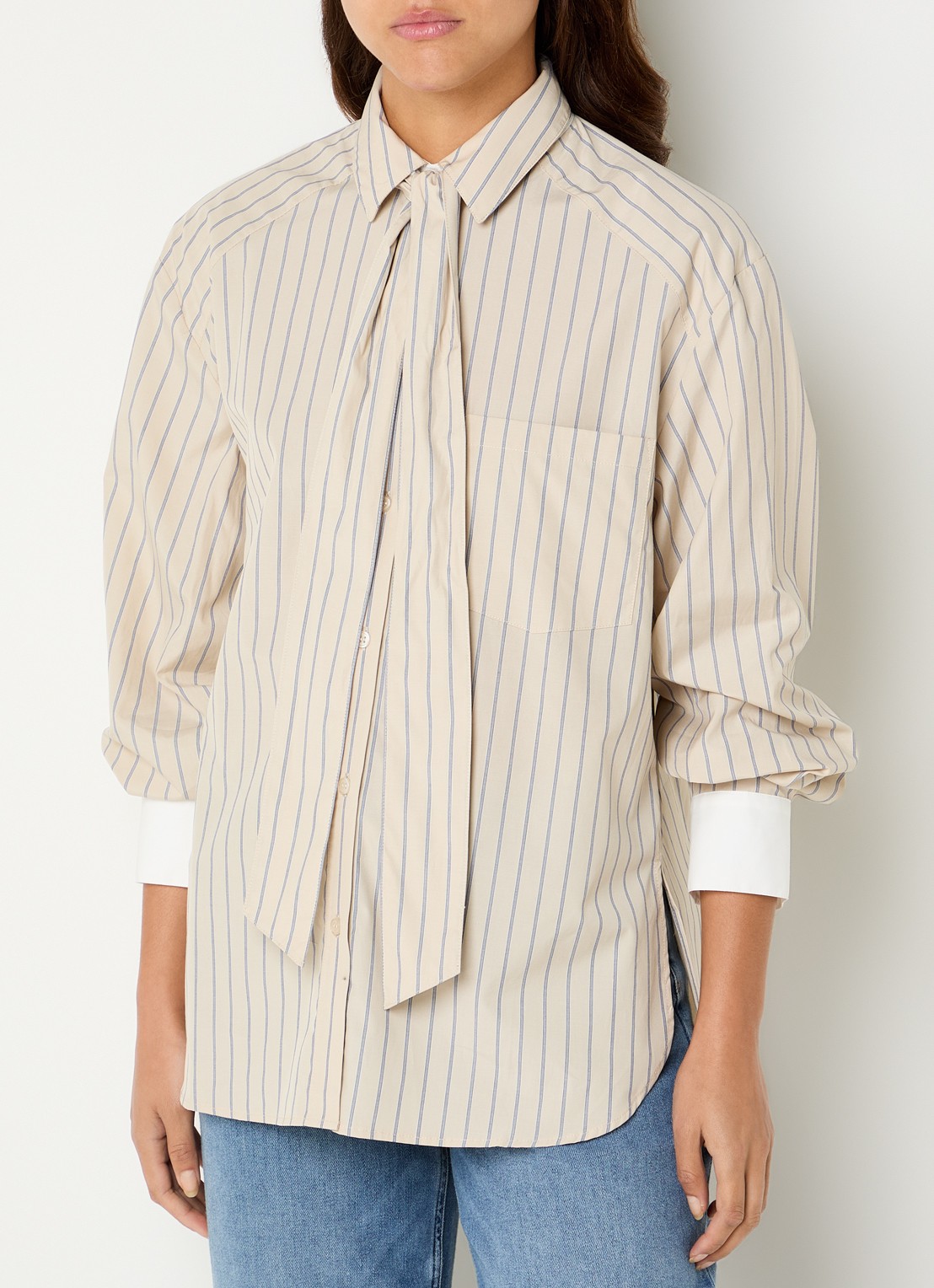 Mos Mosh Keeva blouse met sjaalkraag en streepprint - detail beige