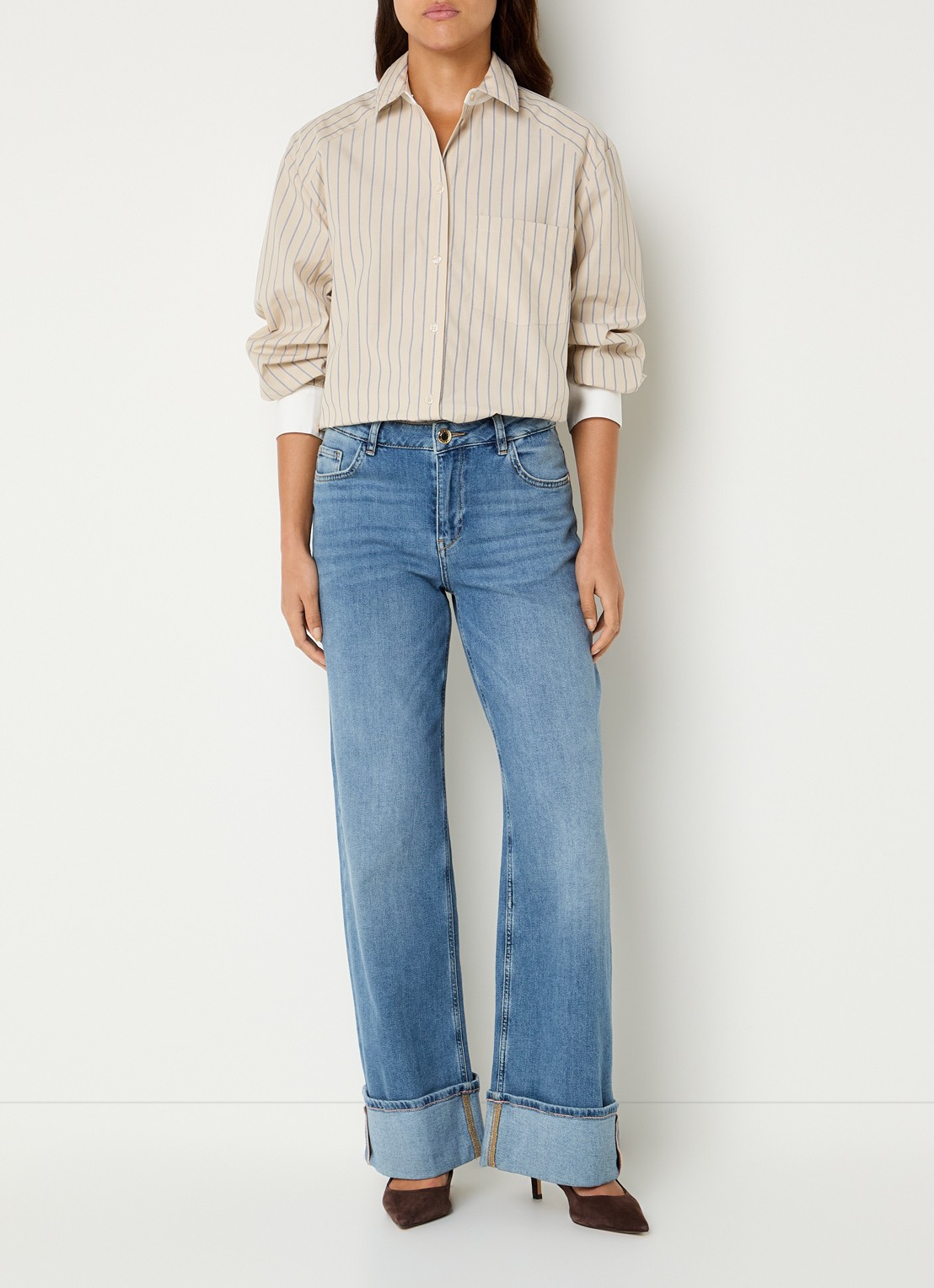 Mos Mosh Keeva blouse met sjaalkraag en streepprint - voorkant 4 beige