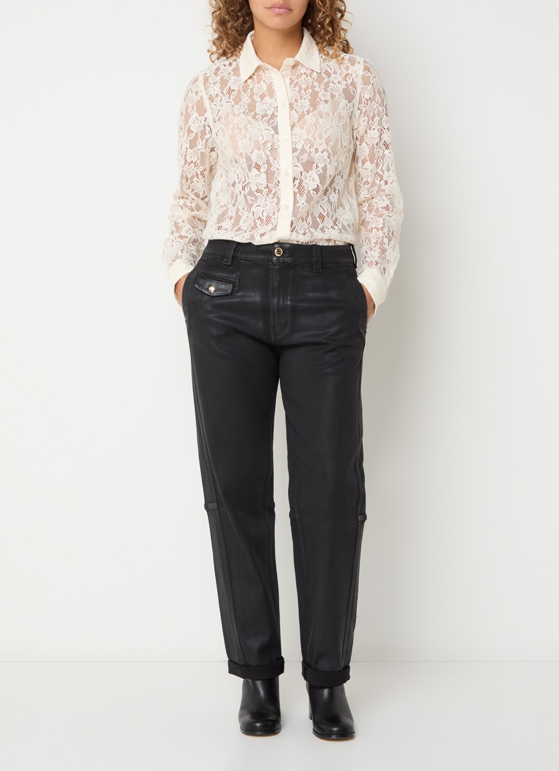 Mos Mosh Kether blouse met opengewerkt dessin en afneembare stropdas - voorkant 3 gebroken wit