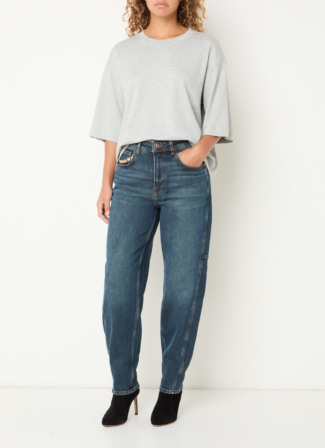 Mos Mosh MMAymen Galleon high waist tapered fit jeans met medium wassing - voorkant 5 indigo
