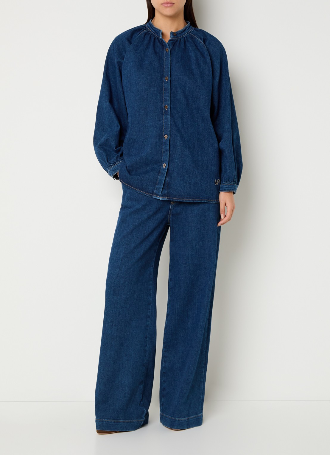 Mos Mosh MMBello blouse van denim met ballonmouw - voorkant 3 indigo