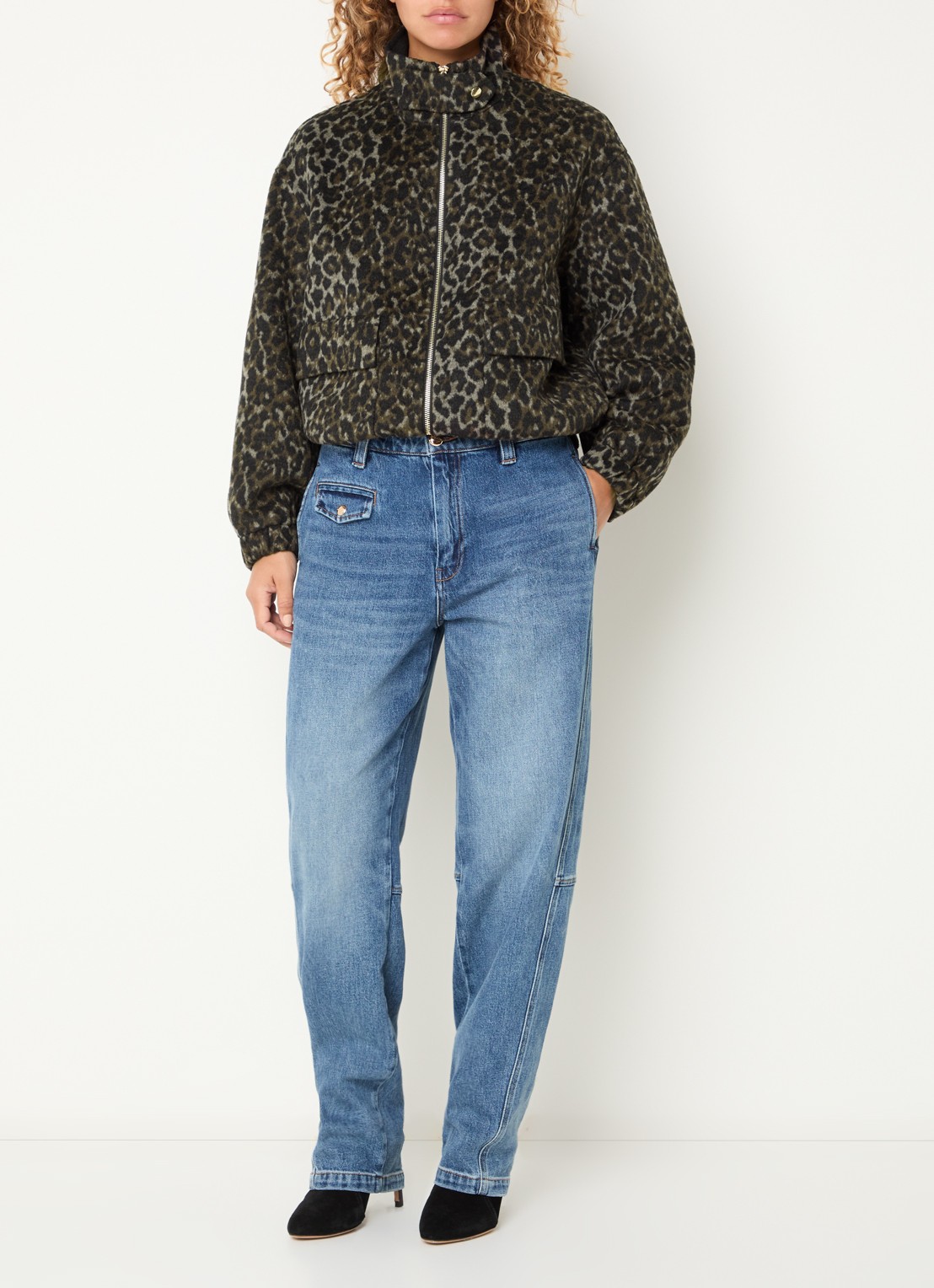 Mos Mosh MMCamille Leo jack in wolblend met panterprint - voorkant 4 zwart