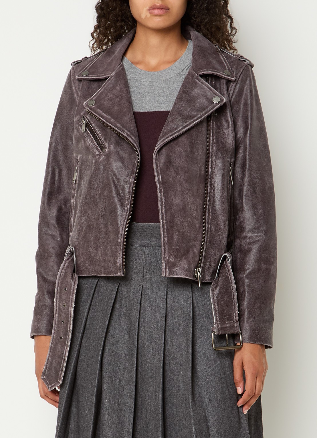 Mos Mosh MMCelia bikerjack van leer met ceintuur - detail 3 aubergine