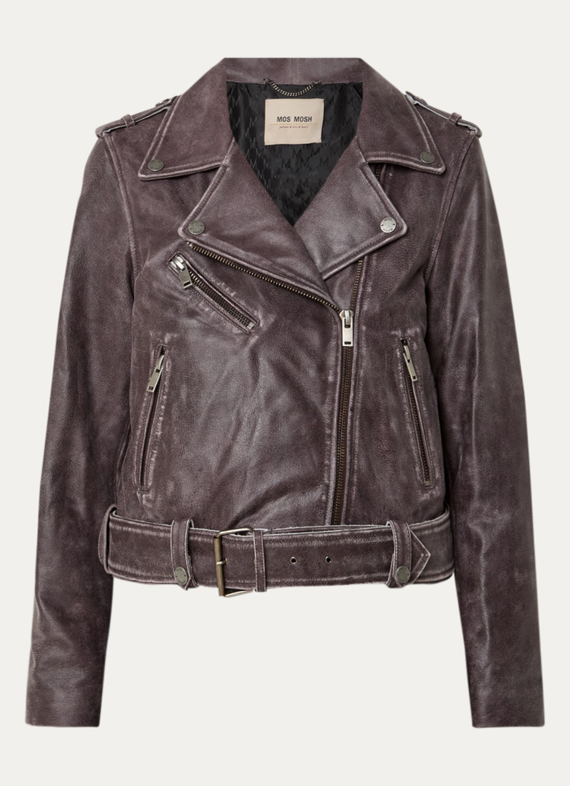 Mos Mosh MMCelia bikerjack van leer met ceintuur - voorkant aubergine