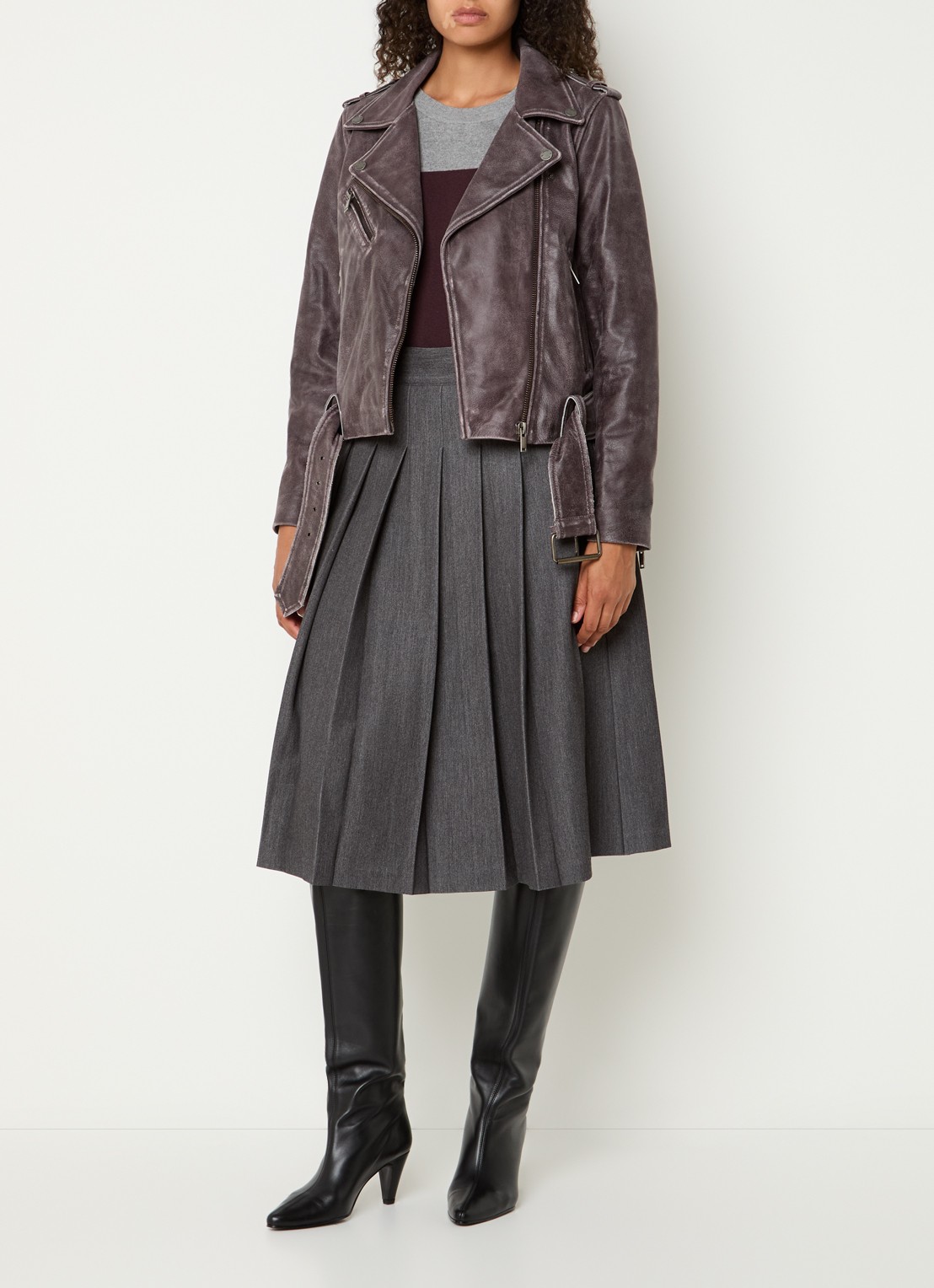 Mos Mosh MMCelia bikerjack van leer met ceintuur - voorkant 2 aubergine