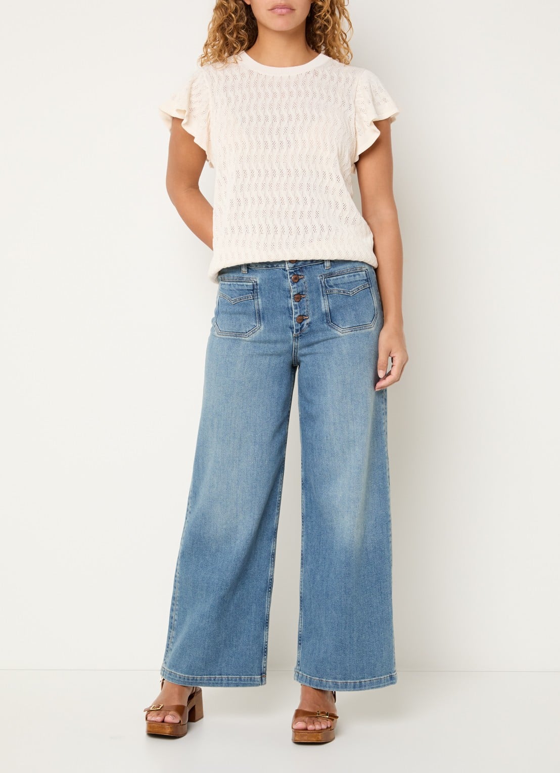 Mos Mosh MMColette high waist wide fit jeans met medium wassing - voorkant 4 indigo